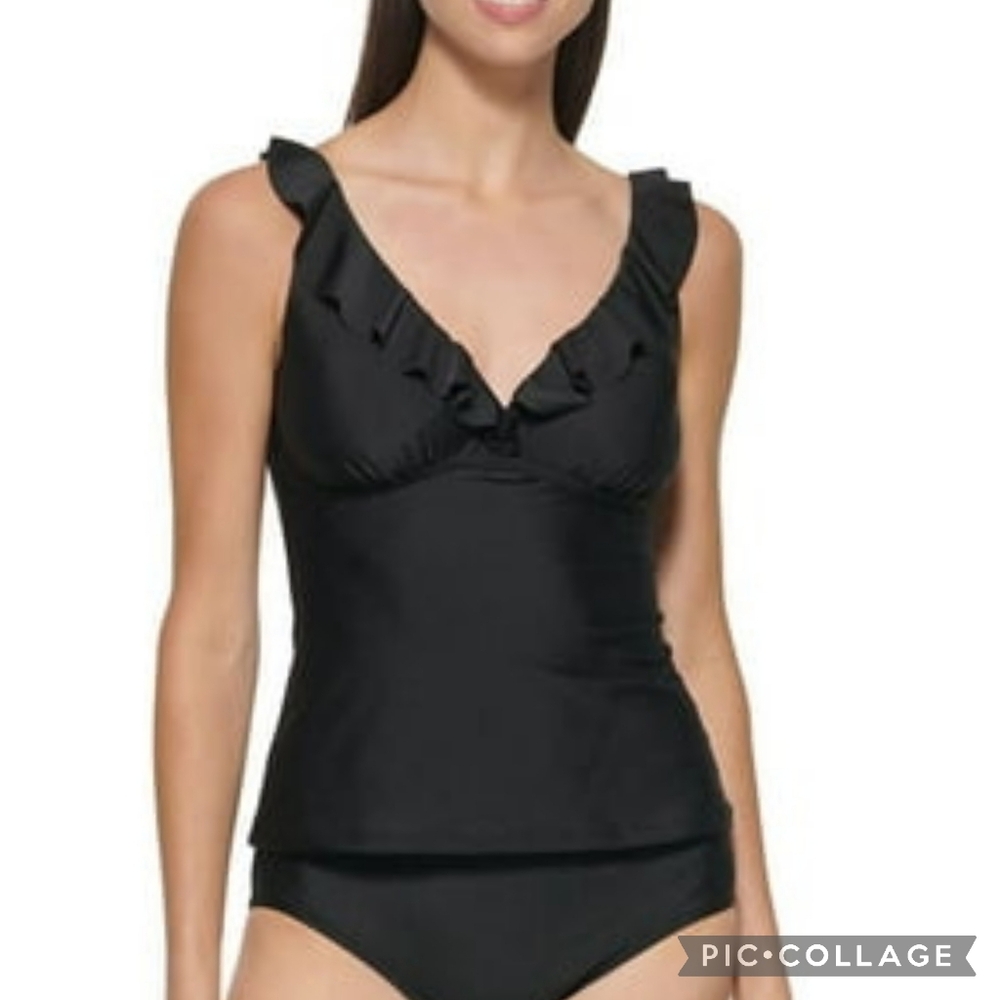 NEW DKNY Women's  Ruffled Tankini Top Swimsuit (Black, MEDIUM) V-Neck